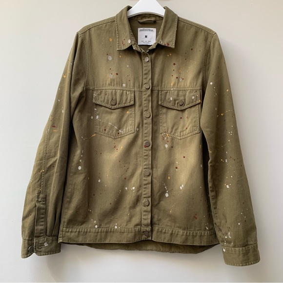 Zara Jackets & Blazers - Zara khaki denim shacket chore shirt jacket paint splatter size medium